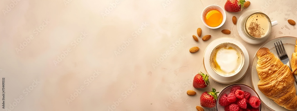 Poster a table topped with plates of food and cups of coffee