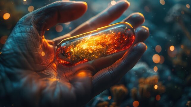 Golden capsule with gold drugs balls on the man's hand. Close up