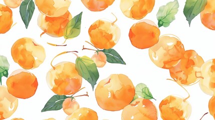 a painting of a bunch of fruits with leaves on them on a white background