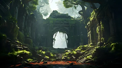 Fotobehang An ancient temple is hidden in a thick forest, full of moss and surrounded by green plants, sunlight rays through the leaves, and digital art) Generative AI © FaiajMahmud