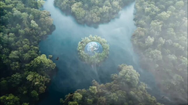 River in the jungle with globe earth. Seamless looping time-lapse 4k video animation background