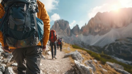 A bunch of backpackers are trekking up the majestic mountain, surrounded by the vast natural landscape, enjoying the sky, plants, and soil along the way. AIG41 - obrazy, fototapety, plakaty