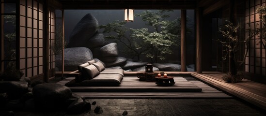 A room with a couch, paper door, carpet, pillows, tatami mats, wooden beams, and wallpaper in a Japandi interior design setting.