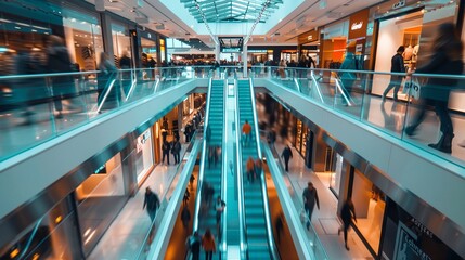 a group of people walking down a hallway in a mall - obrazy, fototapety, plakaty