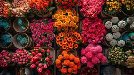 Various flowers displayed on a table for flower arranging at the local market
