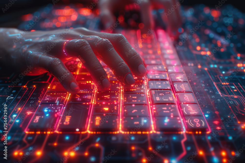 Poster hands typing swiftly on a holographic keyboard, creating a futuristic visual of digital communicatio