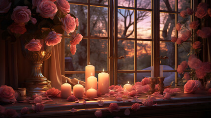 Obraz na płótnie Canvas An enchanting and romantic Valentine's Day setting with roses, candles, a serene background, and a love-infused holiday Generative AI