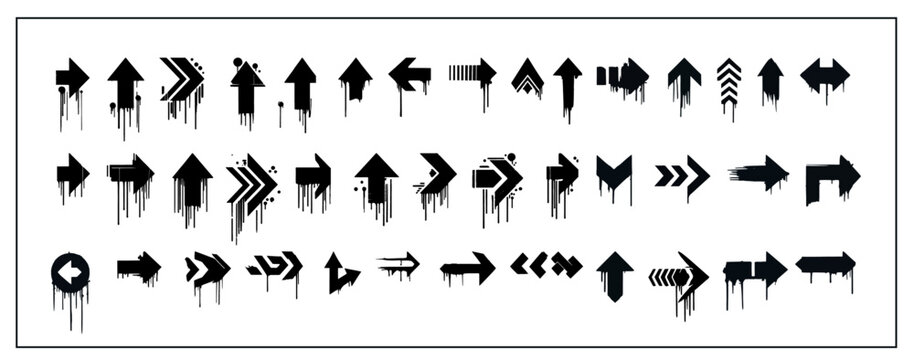 Set of arrows on spray paint on walls with stains and dripping ink. Isolated on white background.