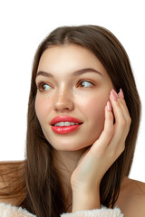 Fototapeta premium A close-up of a woman with long hair and red orange lipstick, hands, isolated, makeup and manicure, showing her elegant manicure, isolated background