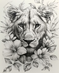 Romantic image of a lion, in the style of a pencil drawing on paper. Lion's head and mane surrounded by flowers. King of the jungle