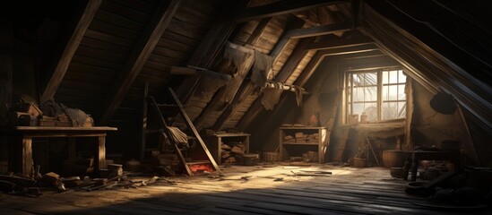 A dark attic in an abandoned house featuring wooden floors and windows. The interior is dimly lit, with dust particles floating in the air, casting shadows across the room.
