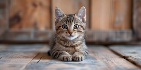 A small cat sitting gracefully on a hardwood floor. Concept Pet Photography, Indoor Setting, Graceful Poses, Cute Cat, Photography Composition