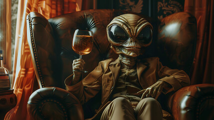alien with a glas of wine - obrazy, fototapety, plakaty