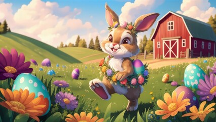 Colorful Easter Bunny Illustration, Rabbit, Spring, Holiday Festive Scene, Generative Ai