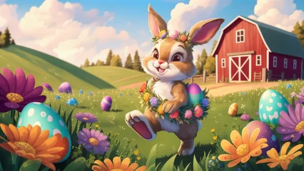 Deurstickers Colorful Easter Bunny Illustration, Rabbit, Spring, Holiday Festive Scene, Generative Ai © nadimgdx