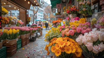 Raamstickers A flower shop with a variety of plants and flowers in the city building © yuchen