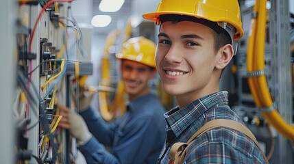 Portrait of a smiling boy doing electrician training.