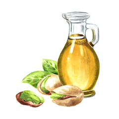 Pistachio oil. Hand drawn watercolor illustration, isolated on white background 