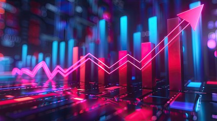 3D neon light growth chart with upward arrow among high rise bars