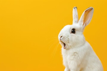 Surprised bunny against a vivid yellow background, perfect for Easter promotions, pet care advertising, or vibrant spring-themed graphics. Copy space for text. Easter sale, discount.