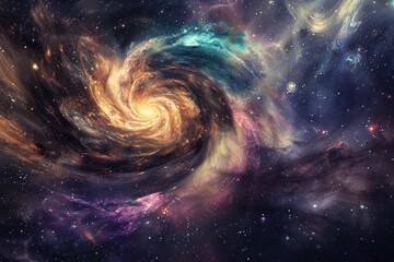  The cosmic background presents a vast expanse of stars, nebulae, and galaxies, evoking a sense of awe and wonder at the mysteries of the universe