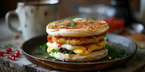 A Cozy Scene of a Breakfast Sandwich and Coffee on a Lazy Morning. Concept Food Photography, Cozy Breakfast, Comforting Scenes, Lazy Mornings, Relaxing Vibes