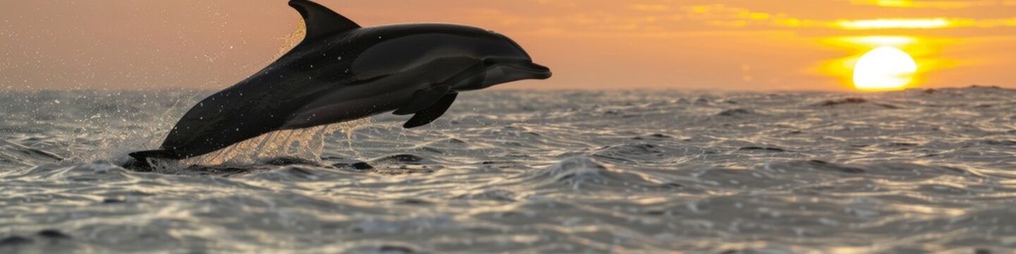 Graceful dolphin arc over the ocean's surface at sunset, a symbol of freedom and elegance in the natural marine world