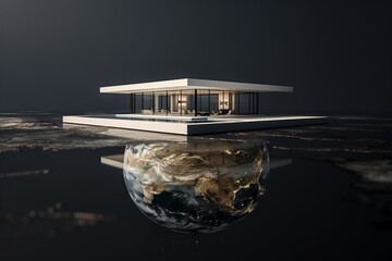 A modern, minimalist home with an infinity swimming pool, elegantly situated on an exquisitely detailed Earth globe, all isolated on a pitch-black background.