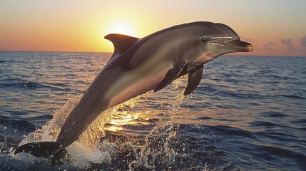 Graceful Dolphin Leap at Sunset with Splashing Water in the Ocean