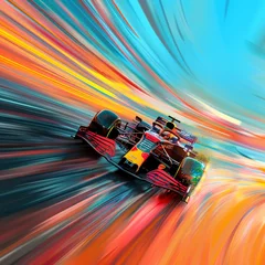 Zelfklevend Fotobehang 2D Illustrate of Marvel at the speed of a Formula 1 car navigating a chicane. © Sataporn