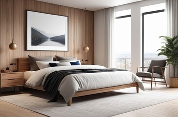 Light modern bedroom with natural wooden furniture.