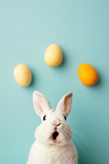 Fototapeta na wymiar Surprised bunny against soft blue background, perfect for Easter promotions. Copy space for text. Easter sale, discount.