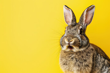 Surprised bunny against a vivid yellow background, perfect for Easter promotions, pet care advertising, or vibrant spring-themed graphics. Copy space for text. Easter sale, discount.