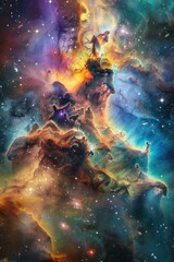  The cosmic background presents a vast expanse of stars, nebulae, and galaxies, evoking a sense of awe and wonder at the mysteries of the universe
