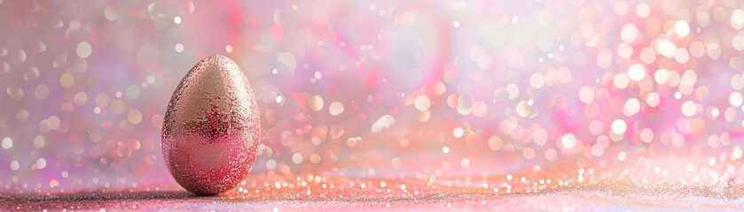Enchanting Easter background with egg, glitter and copy space for text. Soft pastel colors. Perfect for holiday-themed designs, greeting cards. Panoramic banner.