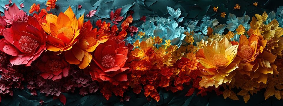 A colorful painting of flowers with a blue background