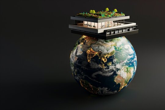 A modern, minimalist office building, embodying principles of sustainability and efficiency, poised atop a beautifully detailed Earth globe isolated against a black backdrop.
