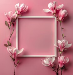 Obraz premium Pink Flowers in Picture Frame on Pink Background