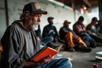 A man without shelter engrossed in a book - obrazy, fototapety, plakaty