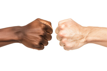 Racial Conflict: White and Black Fists Facing Off on Transparent Background - obrazy, fototapety, plakaty