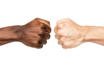 Racial Conflict: White and Black Fists Facing Off on Transparent Background