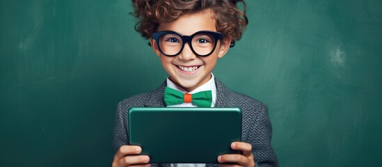 A young boy with glasses and a bow tie is holding a tablet while standing against a green chalkboard in a classroom setting.