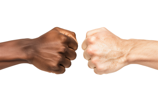 Racial Conflict: White and Black Fists Facing Off on Transparent Background