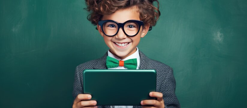 A young boy with glasses and a bow tie is holding a tablet while standing against a green chalkboard in a classroom setting. - Powered by Adobe