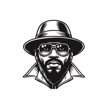 Pimp head in hat and glasses Monochrome isolated vector illustration