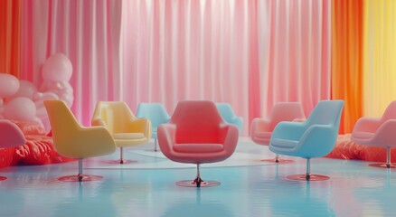 Three Different Colored Chairs in Front of Colorful Wall