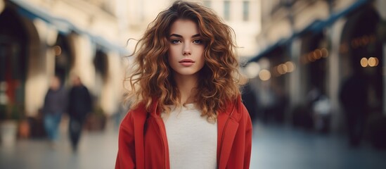 A beautiful young woman with long hair is standing on a city street in Europe, posing for a fashion lookbook concept.
