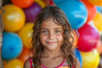 Fototapeta na wymiar Girl with a radiant smile amidst colorful balloons