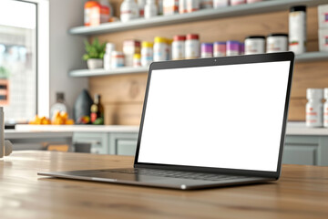 Laptop with blank screen on kitchen counter - obrazy, fototapety, plakaty