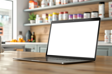 Laptop with blank screen on kitchen counter